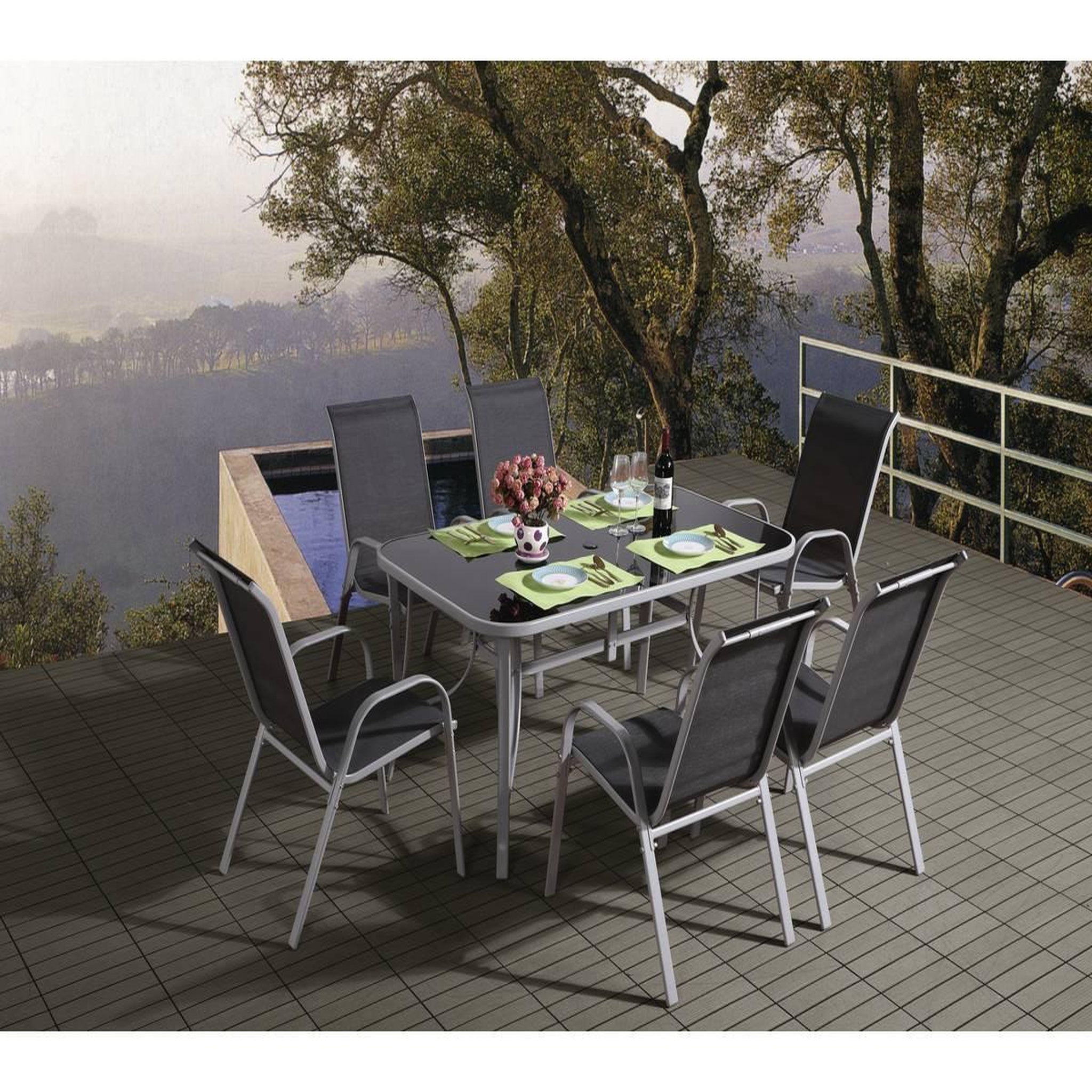 Voir la diapositive 2 : Habitat et Jardin Table et chaises de jardin en textilène  cordoba  - phoenix - 6 places - gris foncé
