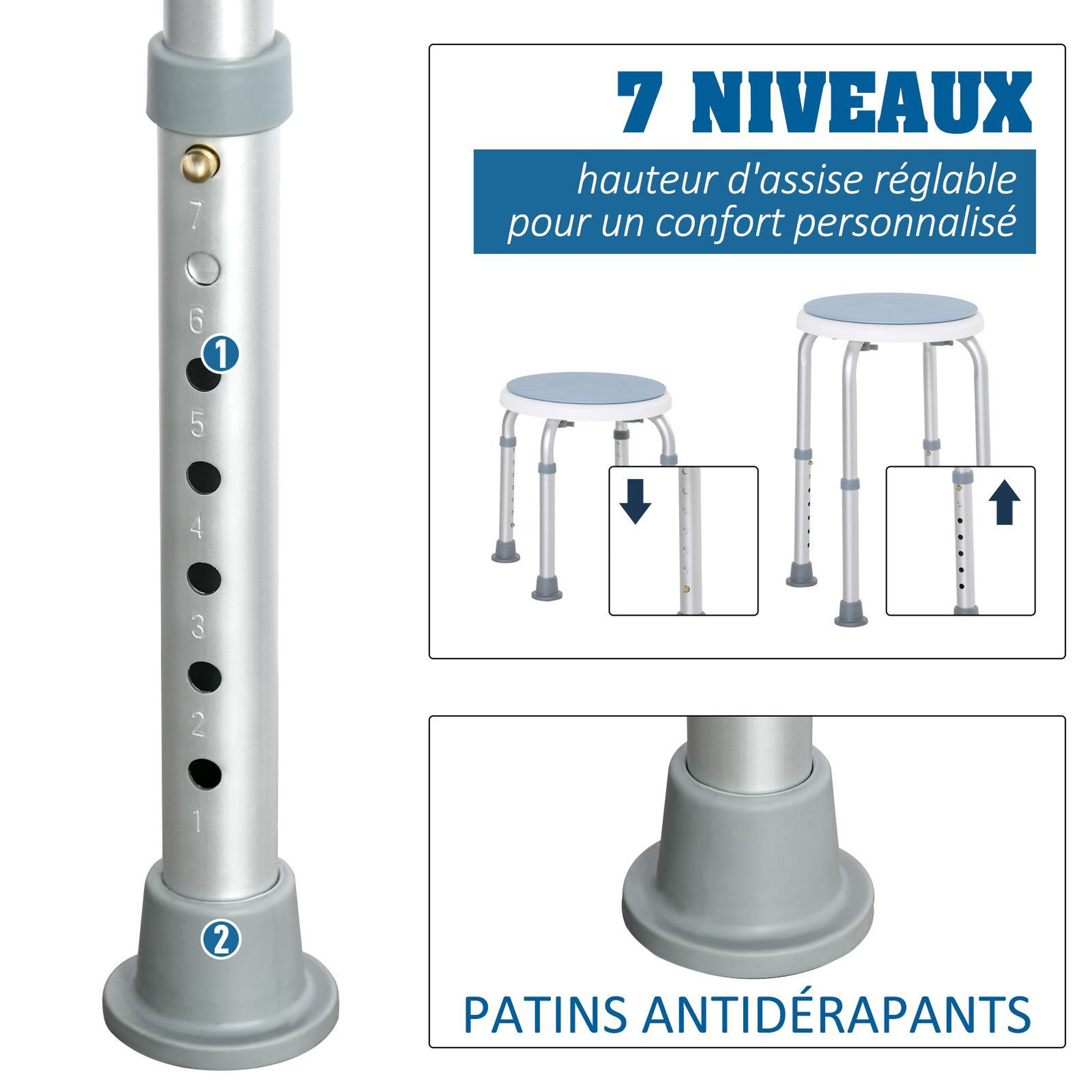Voir la diapositive 4 : HOMCOM Tabouret de douche siège de douche - hauteur réglable, pivotant 360° - alu pp blanc bleu