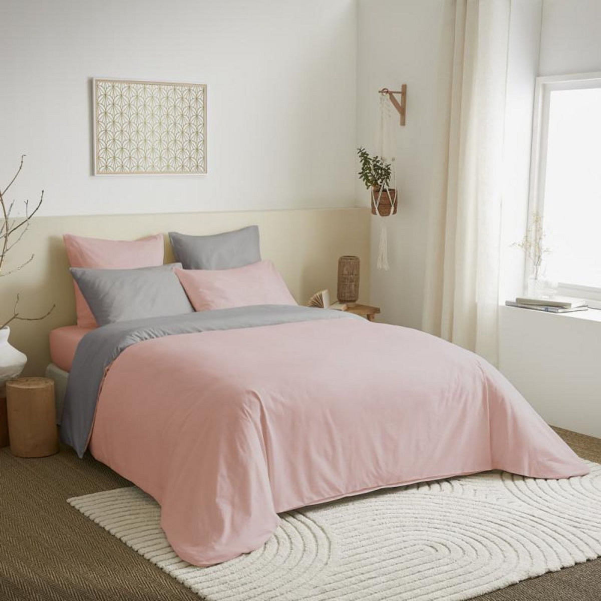 COTON PUR Pack complet 6 pièces Rose/Gris réversible housse de couette pour lit 140 x 190 cm