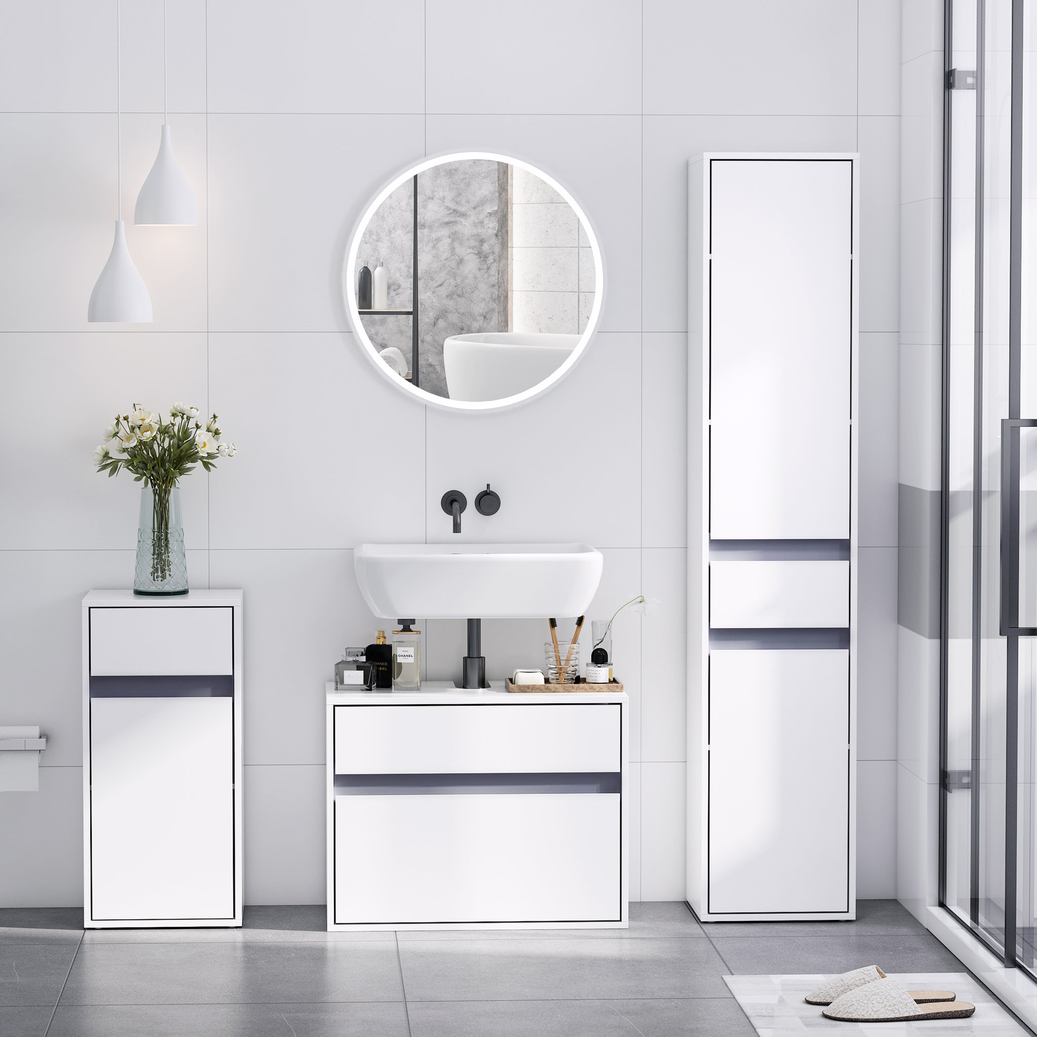 Voir la diapositive 4 : HOMCOM Meuble colonne rangement salle de bain style contemporain 2 placards 3 étagères et tiroir coulissant panneaux particules blanc