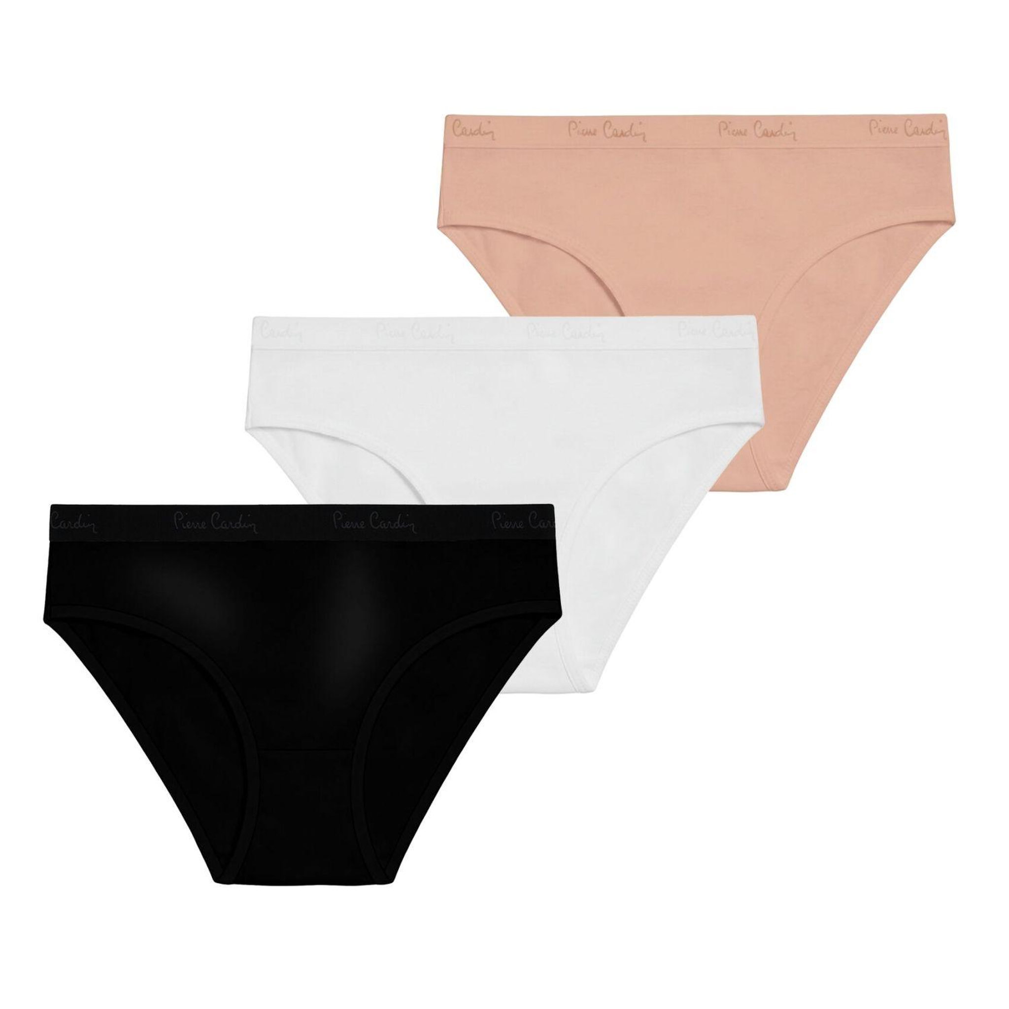 PIERRE CARDIN Lot de 3 slips femme  en coton uni et imprimé ceinture fine 2cm bwf. Coloris disponibles : Beige