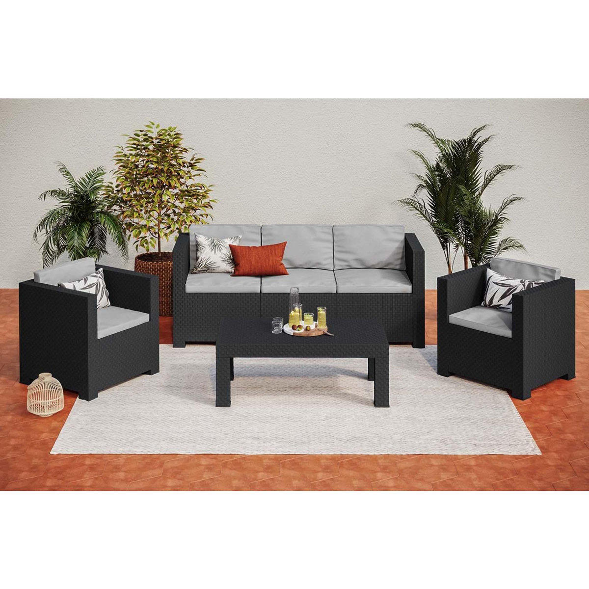 CONCEPT USINE Salon de jardin 5 places effet résine tressée anthracite TROPEA