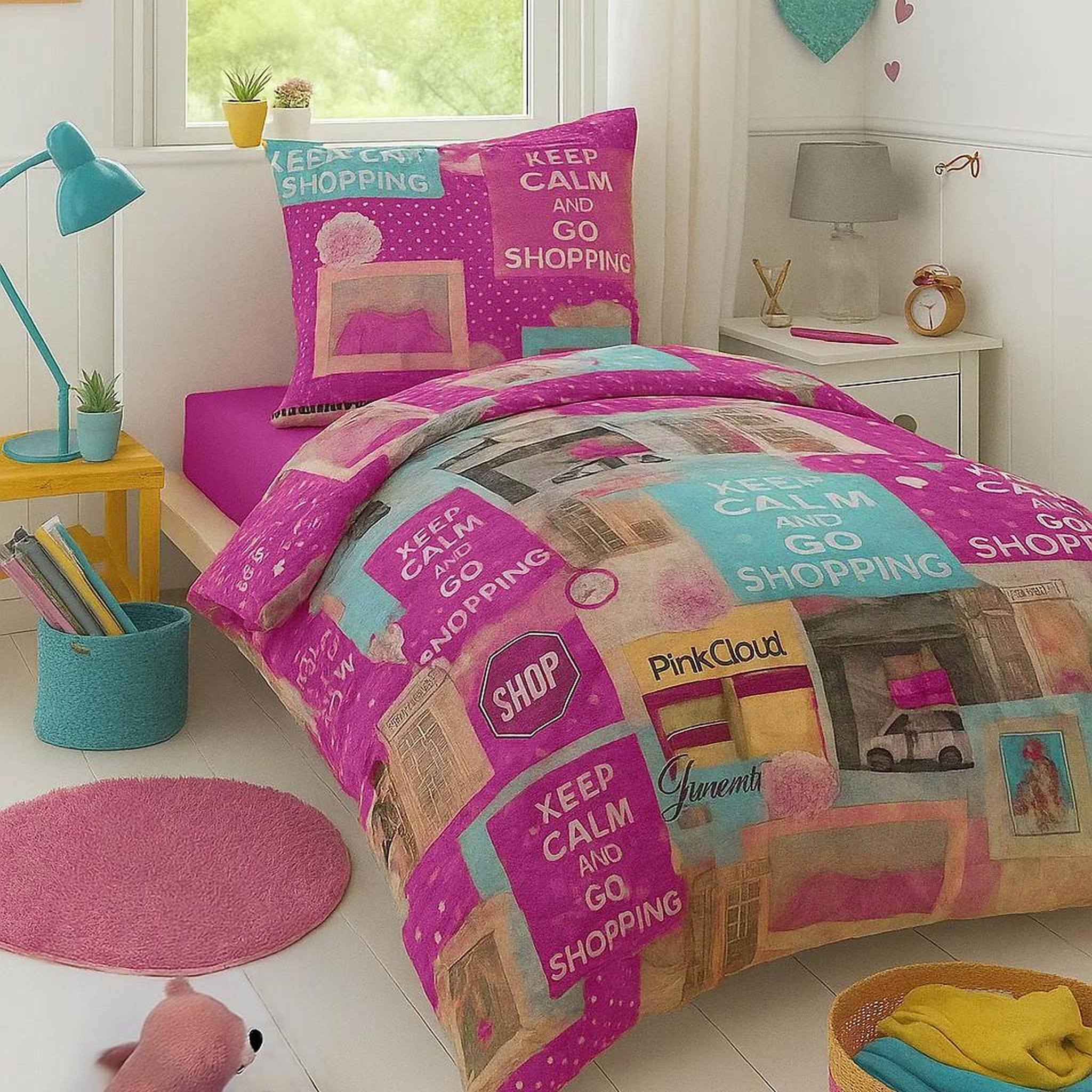 Voir la diapositive 2 : Home collection Parure housse de couette 140x200cm 100%coton happy dessin pink shopping