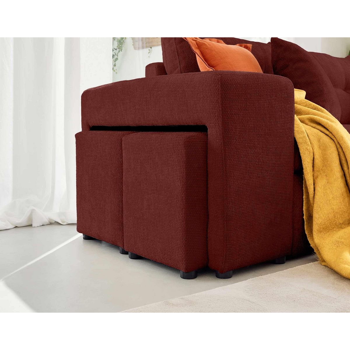 BEST MOBILIER California - canapé d'angle réversible 4 places - convertible avec coffre, étagère et poufs - en velours texturé