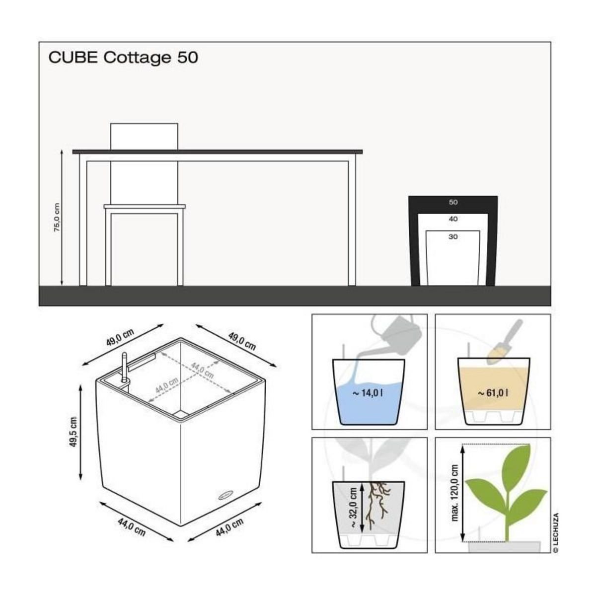 LECHUZA Cube Cottage 50 - kit complet, blanc 50 cm