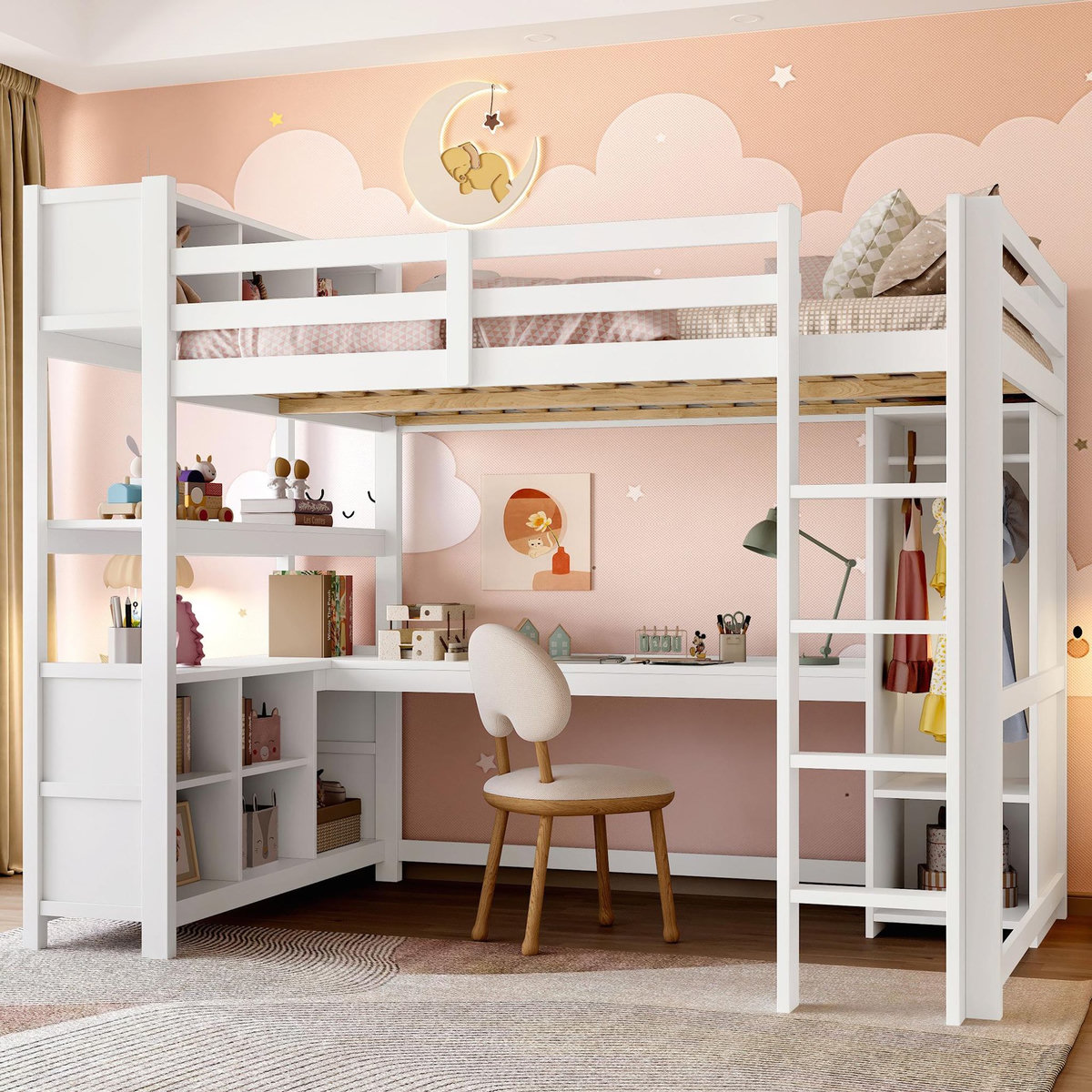 MERAX Lit combiné enfant 140x200 cm coloris blanc pin