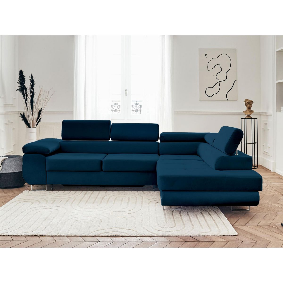 BEST MOBILIER Pablo - canapé d'angle droit - 5 places - convertible avec coffre et têtières réglables - en velours