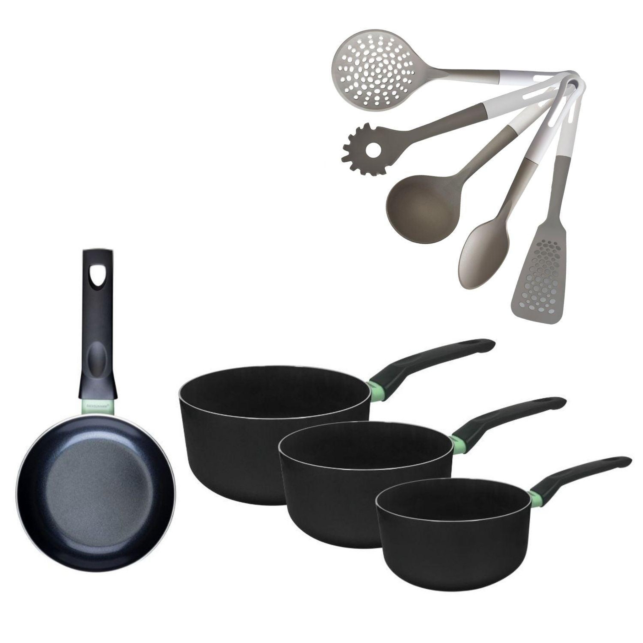 Fackelmann Poêle 16cm et 3 casseroles 16/18/20cm sans pfas fackelmann brandao avec 5 ustensiles vario