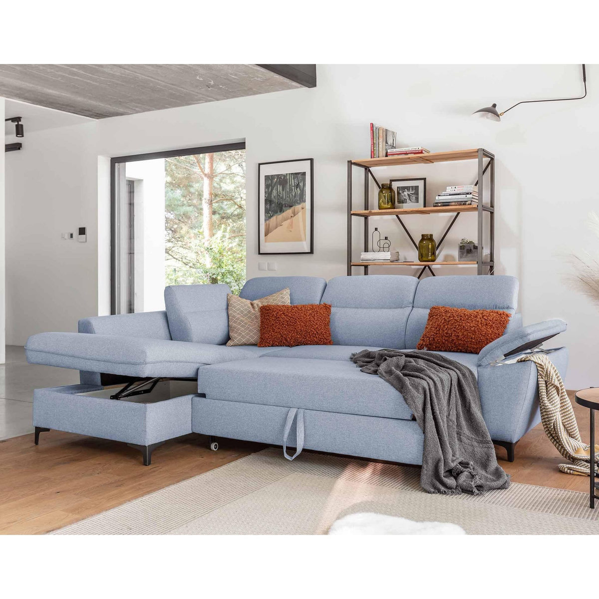 BEST MOBILIER Clever - canapé d'angle gauche - 5 places - convertible avec coffre et têtières - en tissu