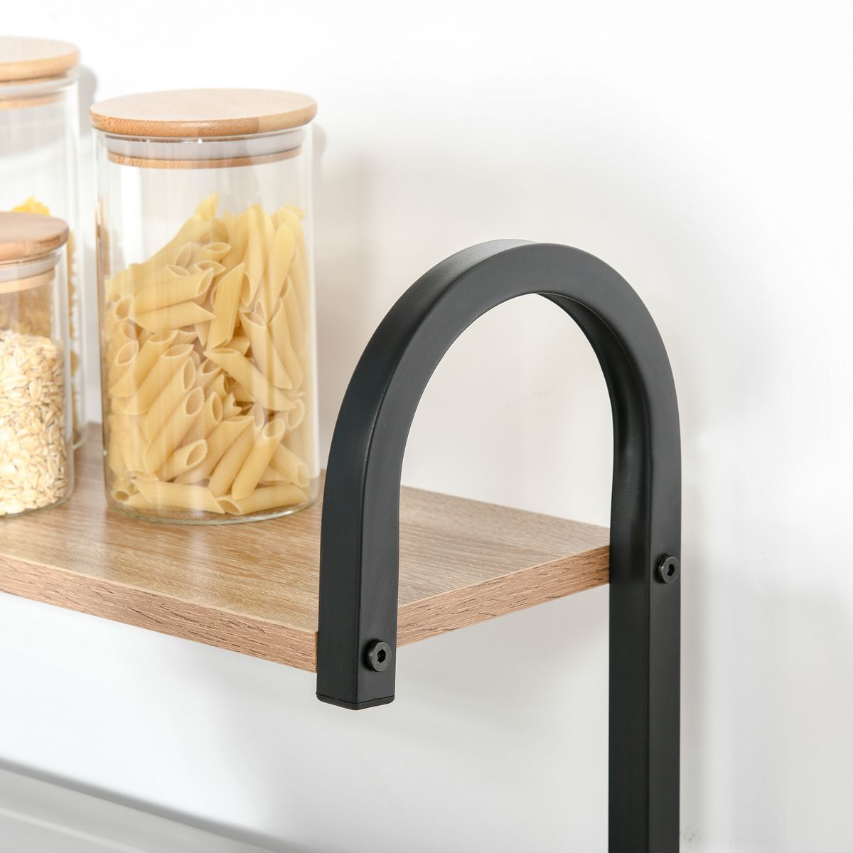 HOMCOM Étagères de cuisine - étagère micro-onde - meuble micro-onde - 3 étagères, plateau, crochets - panneaux particules aspect chêne clair châssis métal noir