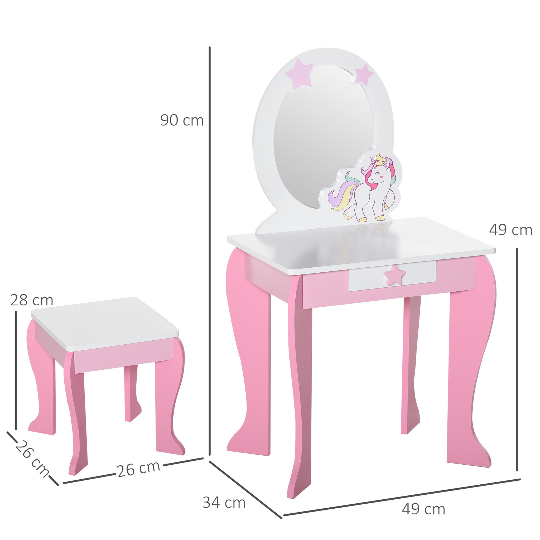 Voir la diapositive 3 : HOMCOM Coiffeuse enfant design licorne - tabouret inclus - dim. 49L x 34l x 90H cm - tiroir, miroir - MDF - rose blanc