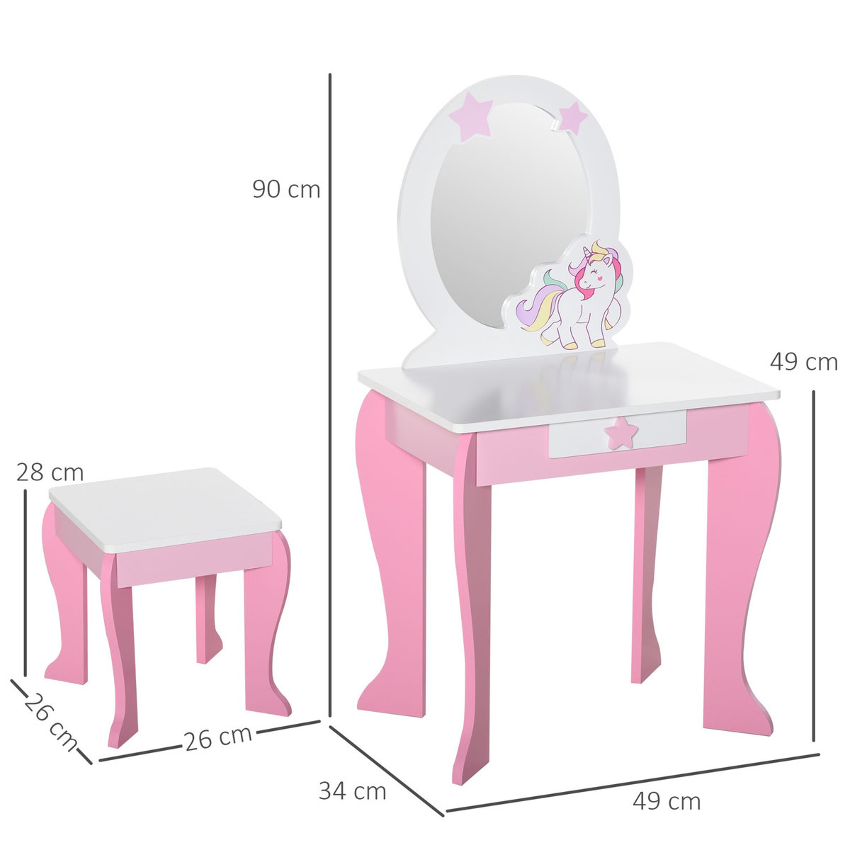 HOMCOM Coiffeuse enfant design licorne - tabouret inclus - dim. 49L x 34l x 90H cm - tiroir, miroir - MDF - rose blanc