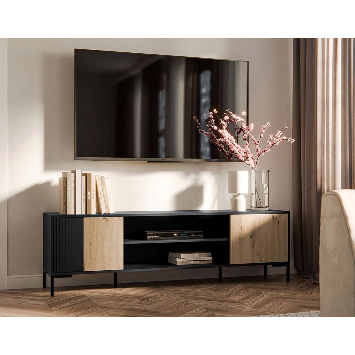 BEST MOBILIER Cambridge - meuble tv - effet bois et noir - 2 portes et 2 niches - 180 cm