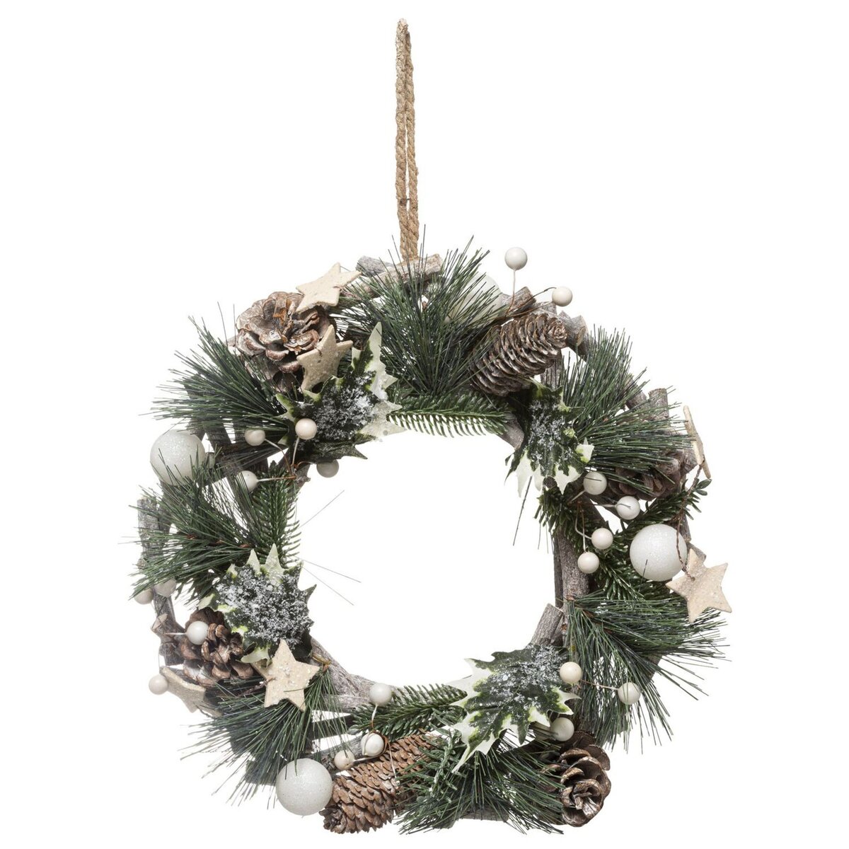 FEERIC LIGHT & CHRISTMAS Couronne de noël à suspendre en bois avec boules et pommes de pin - Diamètre 32 cm - Vert, Blanc et Marron