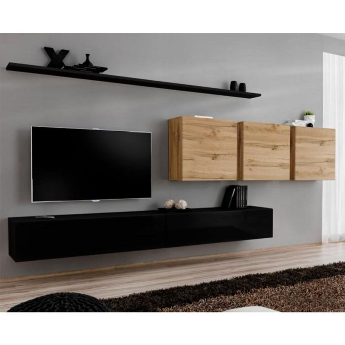 Paris Prix Meuble TV Mural Design  Switch VII  340cm Noir & Naturel