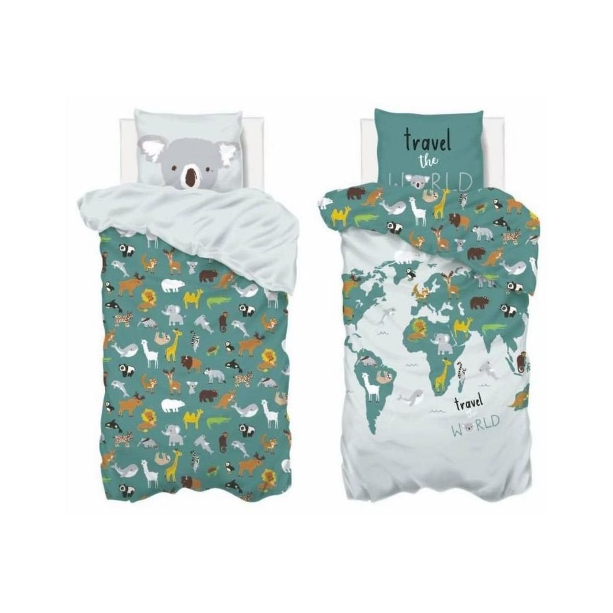 ATMOSPHERA Housse de couette enfant 140x200 Carte du monde + taie 100% coton 57 fils