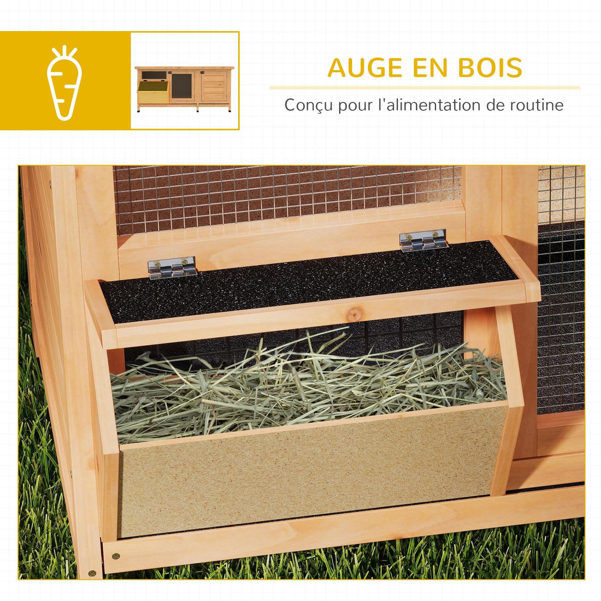 PAWHUT Clapier sur pieds - cage à lapin - 2 plateaux coulissants à excrément, 2 portes verrouillables, toit bitumé ouvrant, râtelier à foin - bois sapin pré-huilé