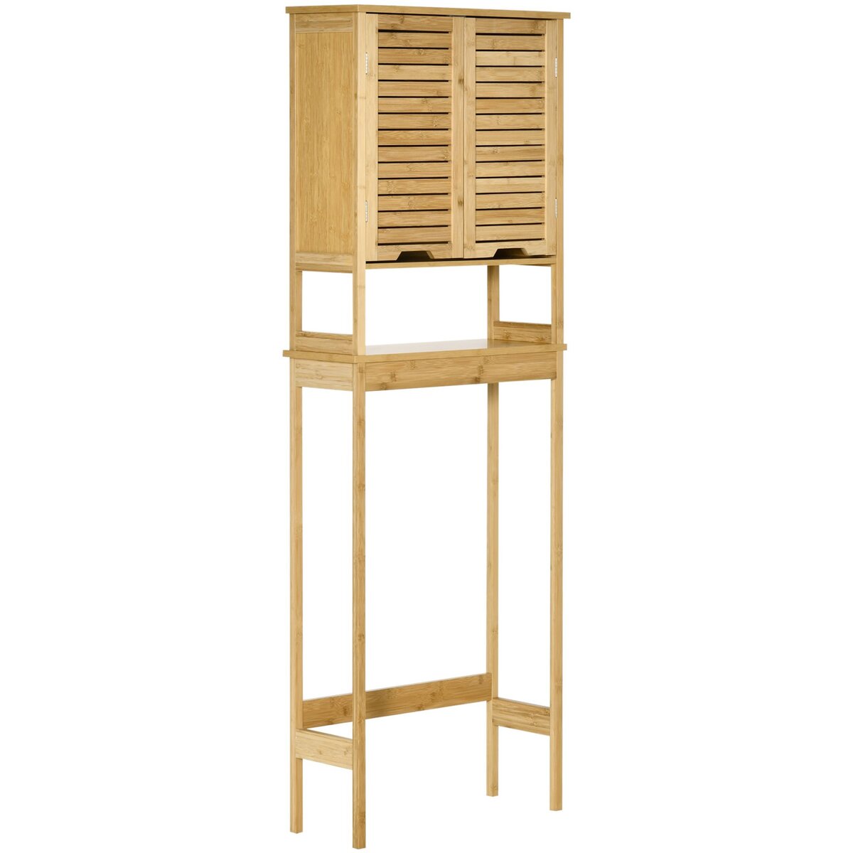 KLEANKIN Meuble WC meuble dessus toilettes style cosy dim. 60L x 23l x 173H  cm portes à lattes étagère bambou MDF aspect bois clair pas cher 