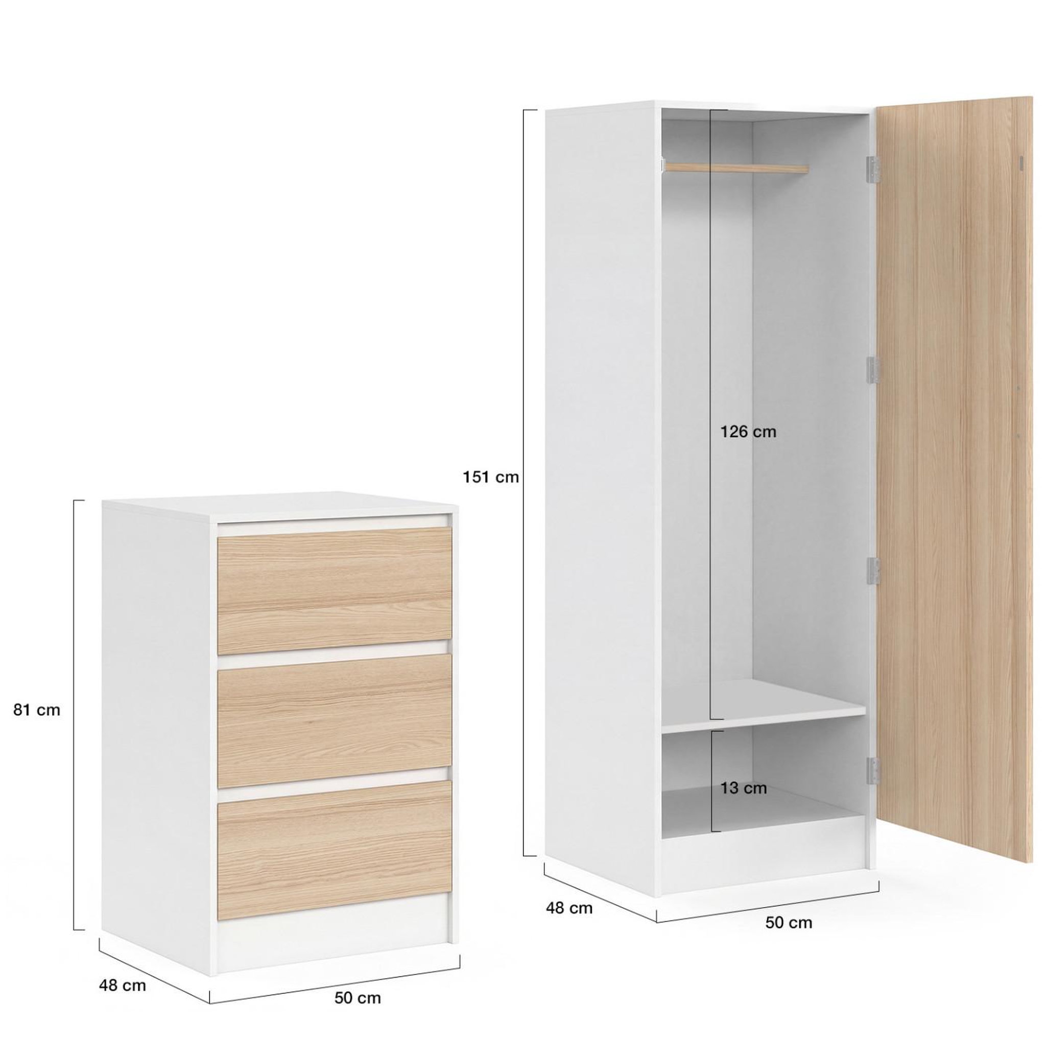 Voir la diapositive 4 : ID MARKET Armoire 1 porte ambre penderie avec commode 3 tiroirs 100 cm modulable façon hêtre et blanc