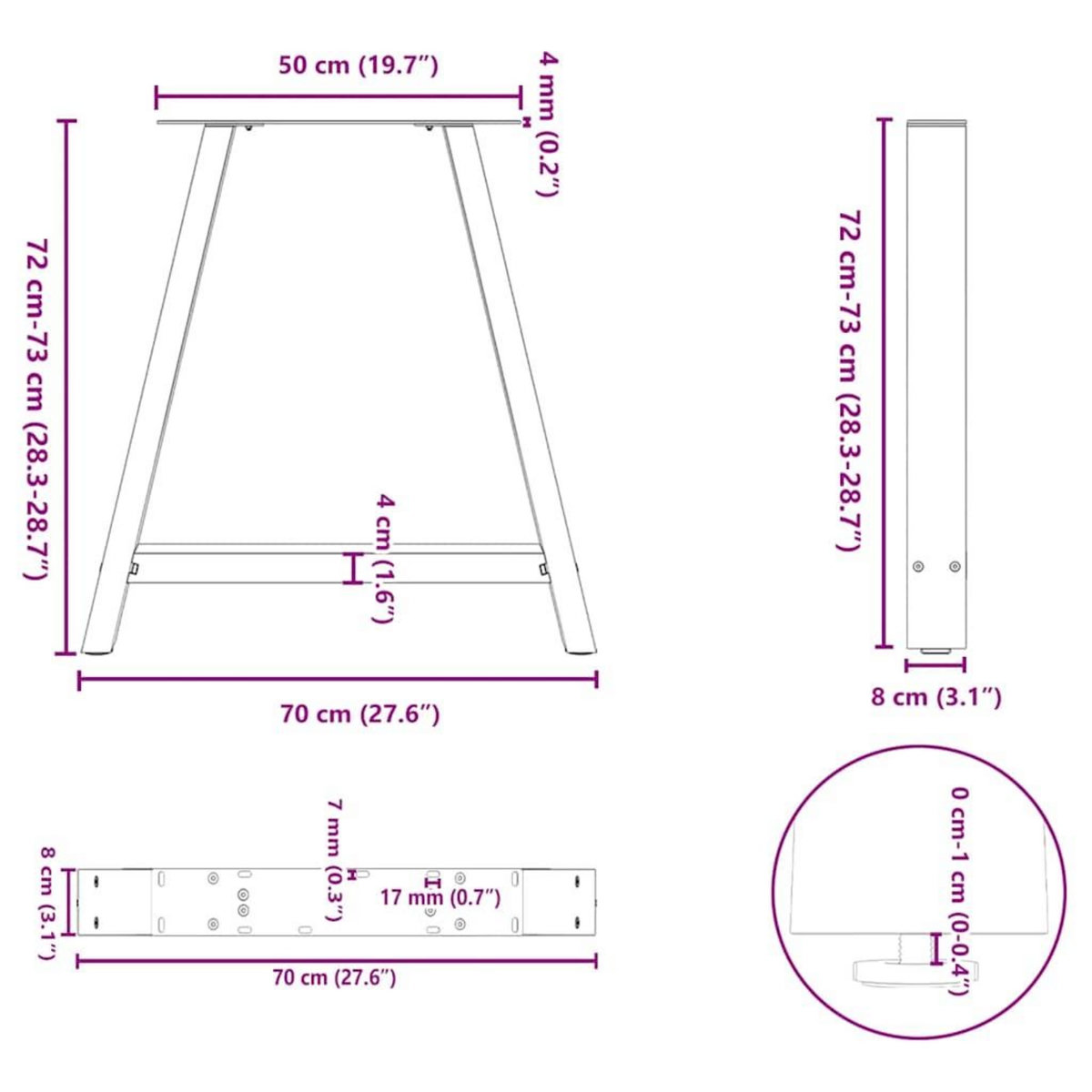 VIDAXL Pieds de table basse forme de A 2 pcs blanc 70x(72-73) cm acier