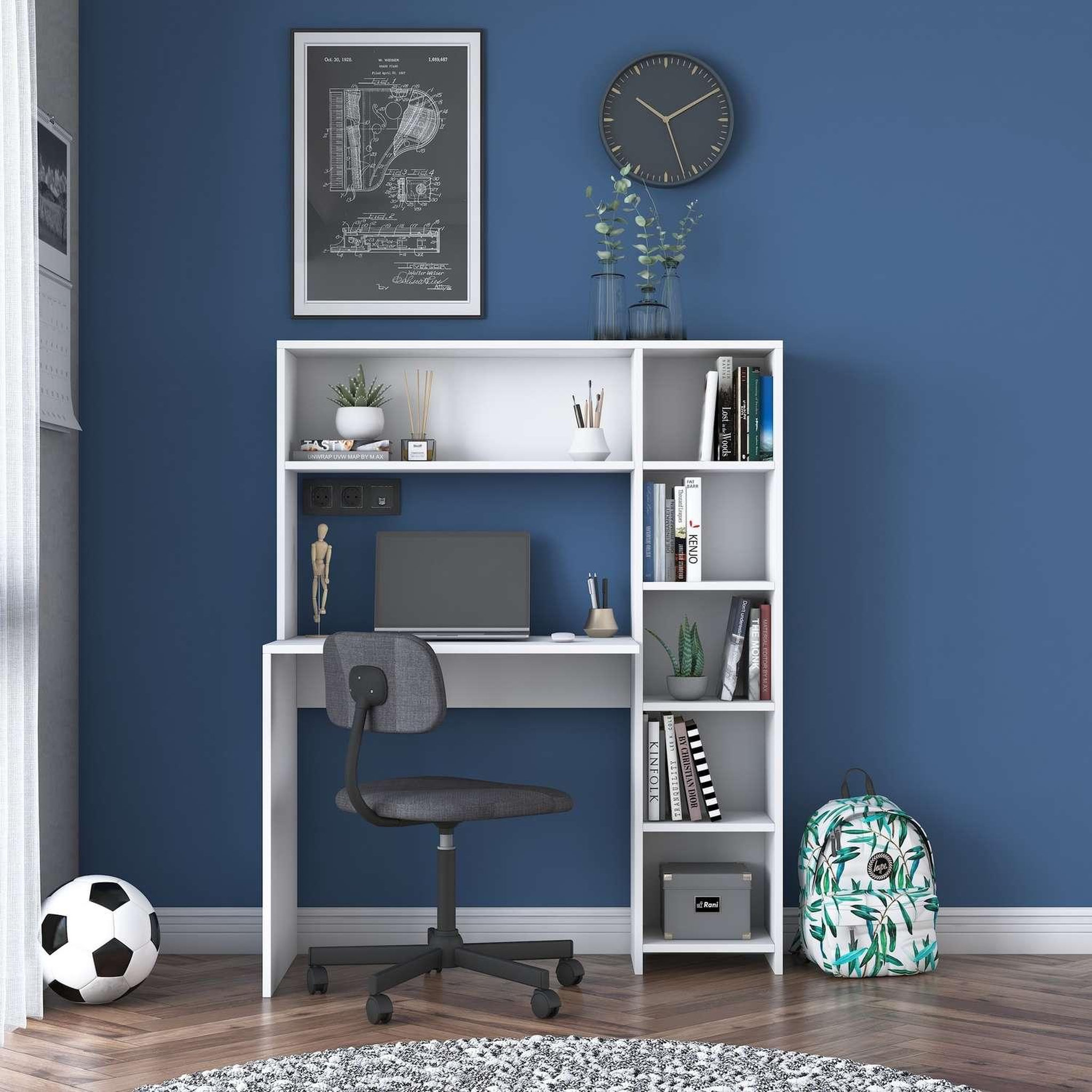 Voir la diapositive 5 : TOILINUX Bureau luminure avec rangements en bois - blanc