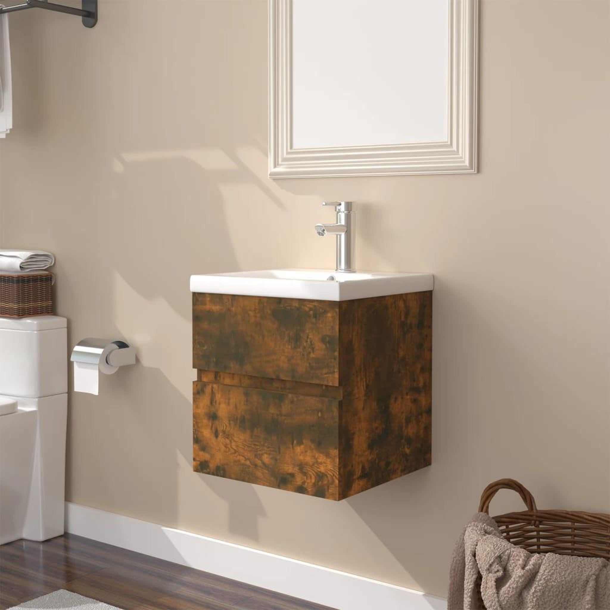 VIDAXL Meuble lavabo avec bassin integre Chene fume Bois d'ingenierie
