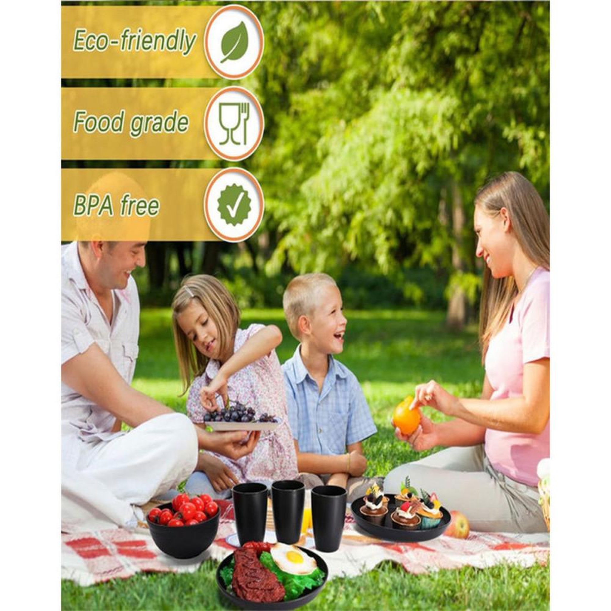Voir la diapositive 5 : Service de table 16 pièces noir mat en PP sans BPA pour 4 : assiettes, bols et verres