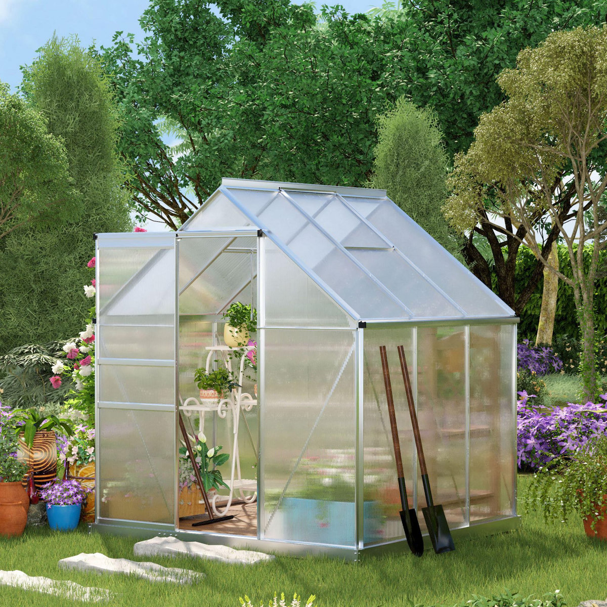 OUTSUNNY Serre de jardin aluminium polycarbonate 3,61 m² dim. 1,9L x 1,9l x 2H m lucarne réglable fondation porte coulissante