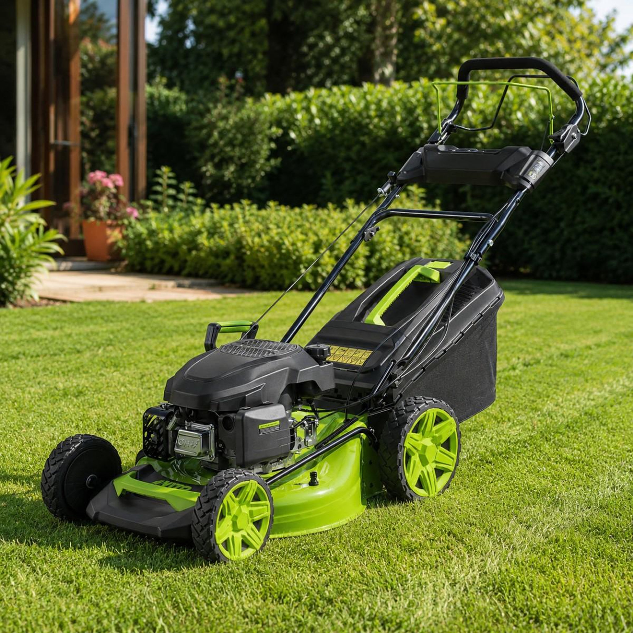 Voir la diapositive 4 : VITO Tondeuse thermique essence 4,5 cv 144 cc moteur 4t - coupe 46cm bac 60l mulching 7 hauteurs 25 à 75mm pelouse 1250m2 vito