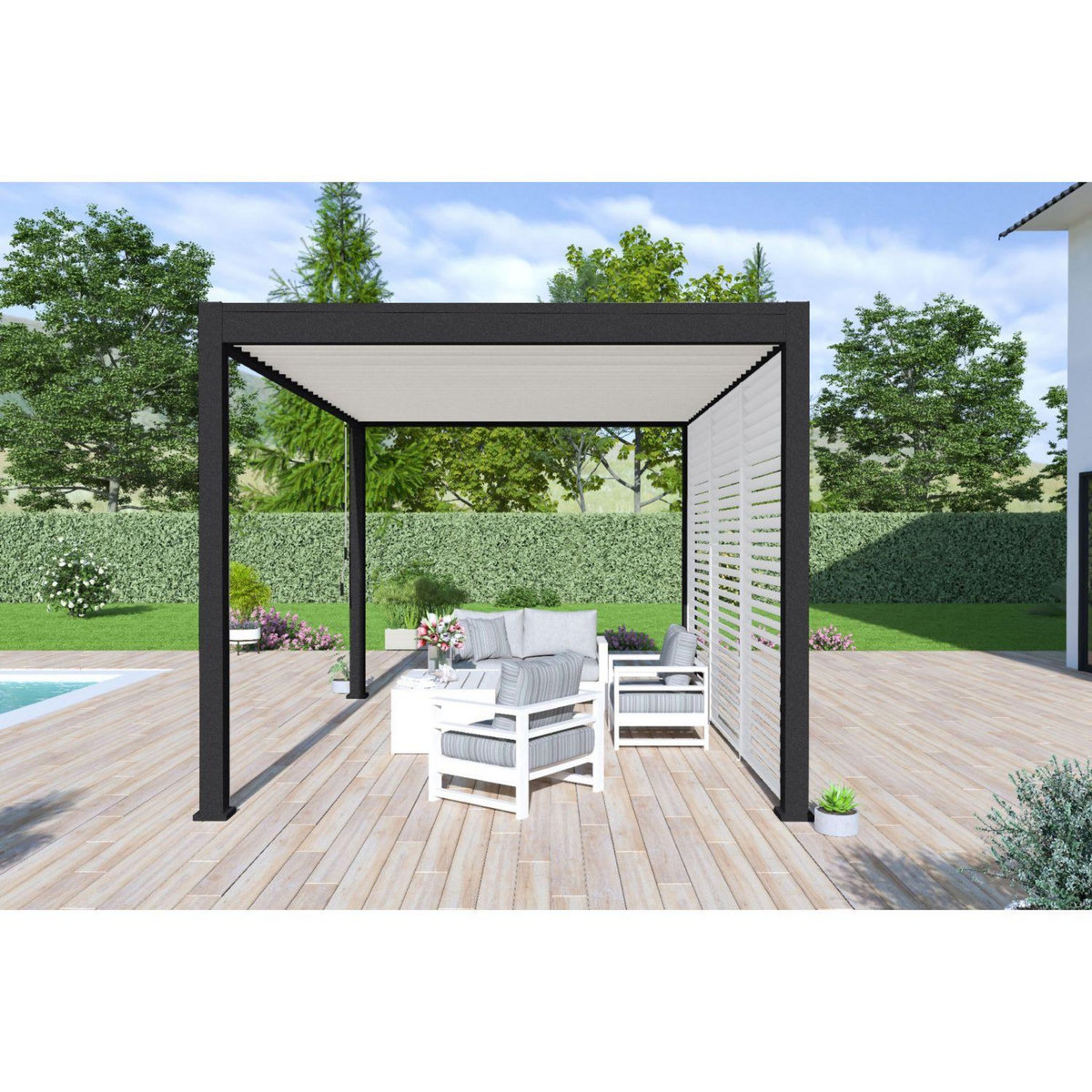 Pergola Bioclimatique autoportée  3X4 m - Aluminium - Noir charbon/blanc - VS OmBREA®