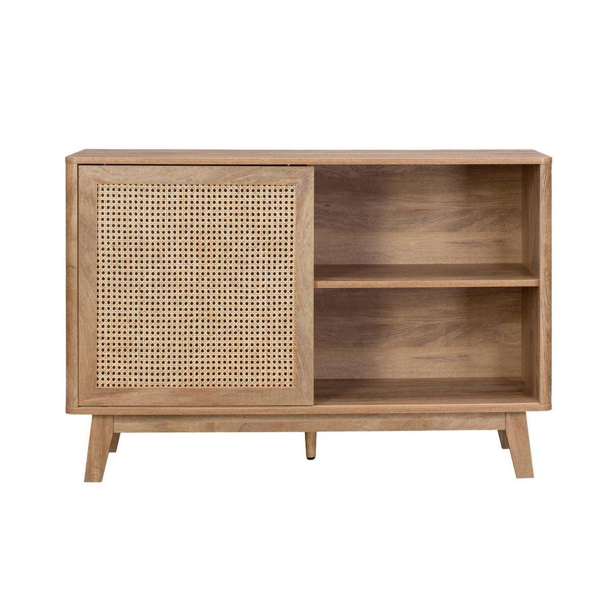 SWEEEK Petit buffet avec 1 porte coulissante et étagères. effet bois et détails cannage. buffet bas. 120cm