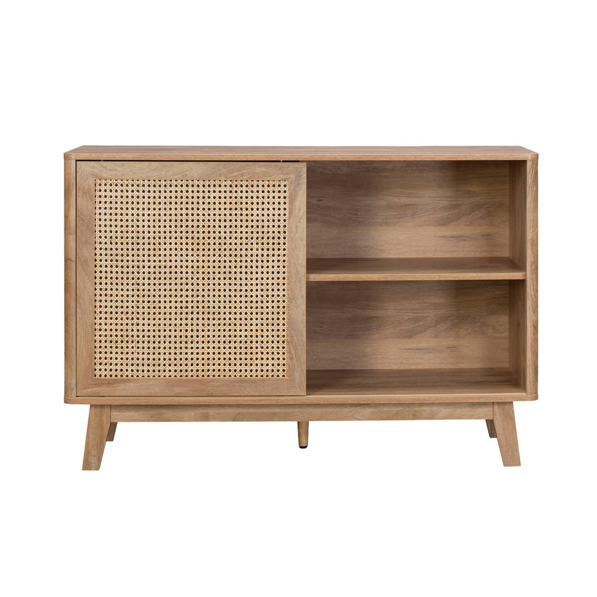 SWEEEK Petit buffet avec 1 porte coulissante et étagères. effet bois et détails cannage. buffet bas. 120cm