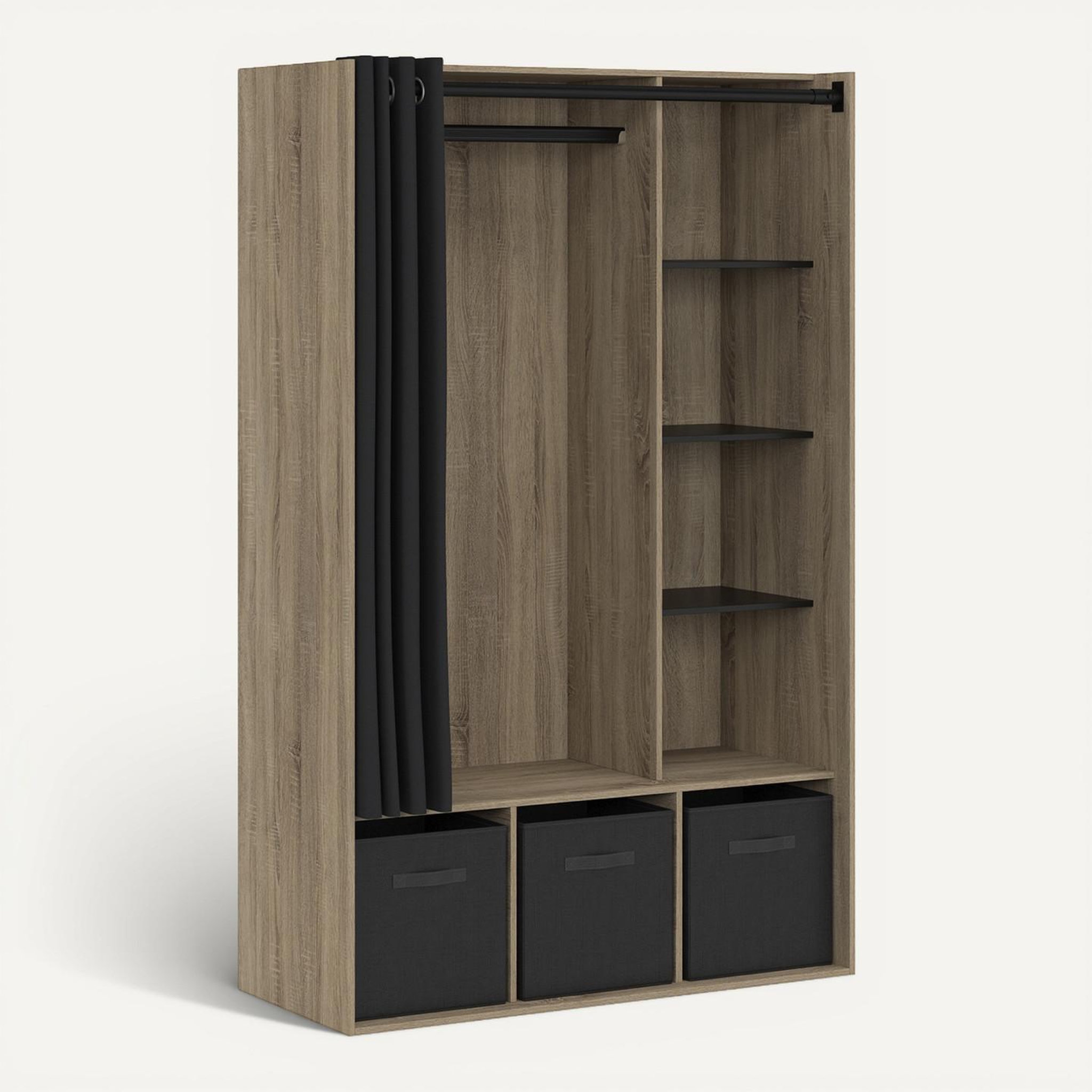 Voir la diapositive 6 : ID MARKET Dressing penderie diane 105 x 45 x 167 cm hêtre avec étagères + boites de rangement + rideau noir