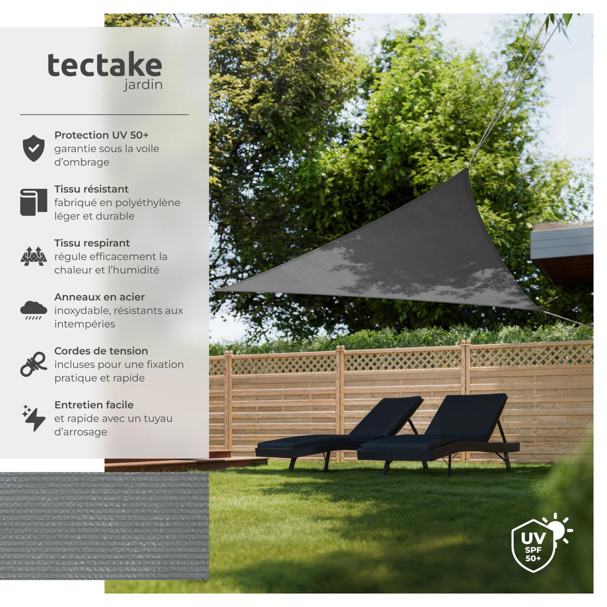 tectake Voile d'ombrage triangulaire triangulaire avec une protection UV 50+ gris 3 x 3 x 3 m