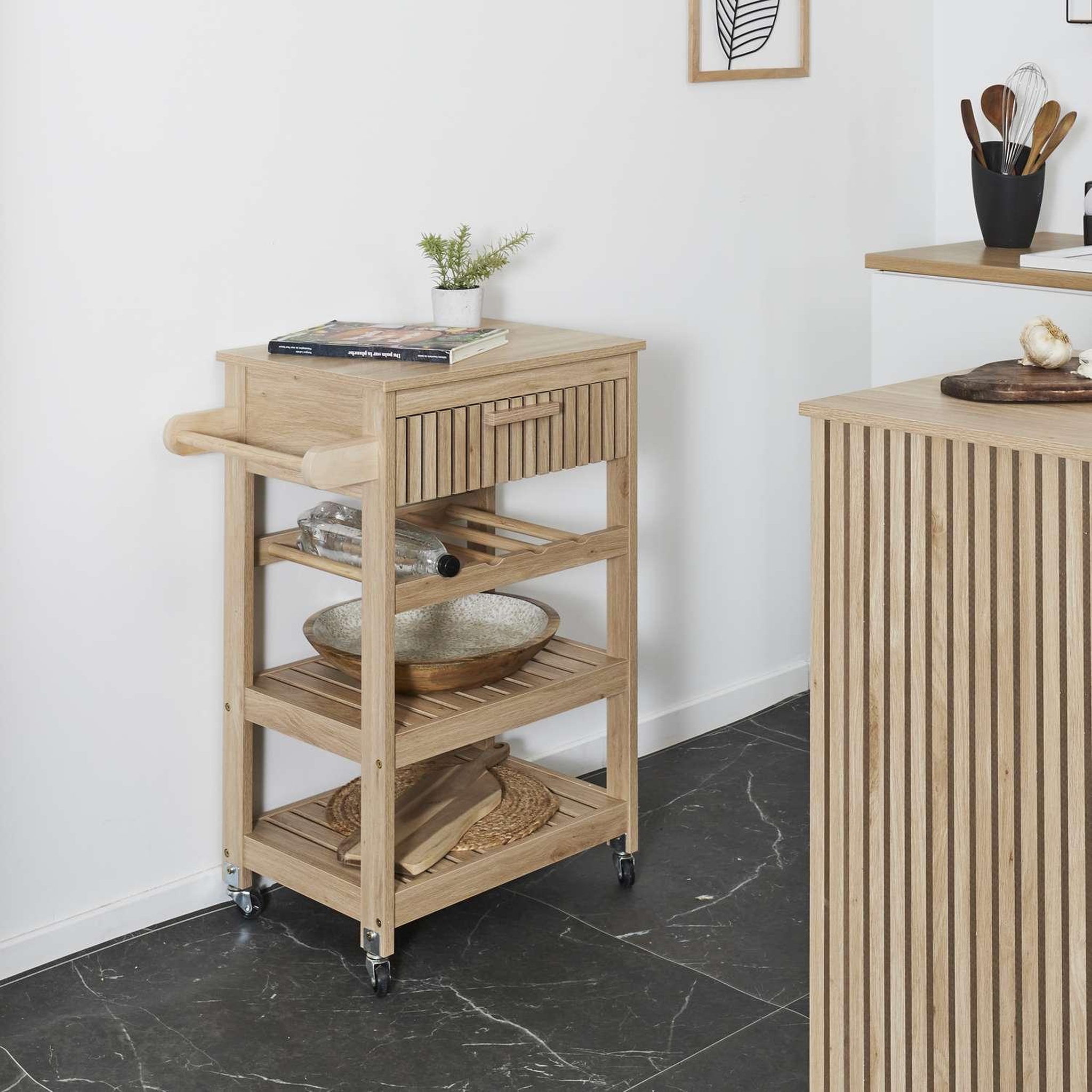 Voir la diapositive 2 : The Home Deco Factory Desserte de cuisine 3 plateaux et 1 tiroir Saulk en bois - Marron