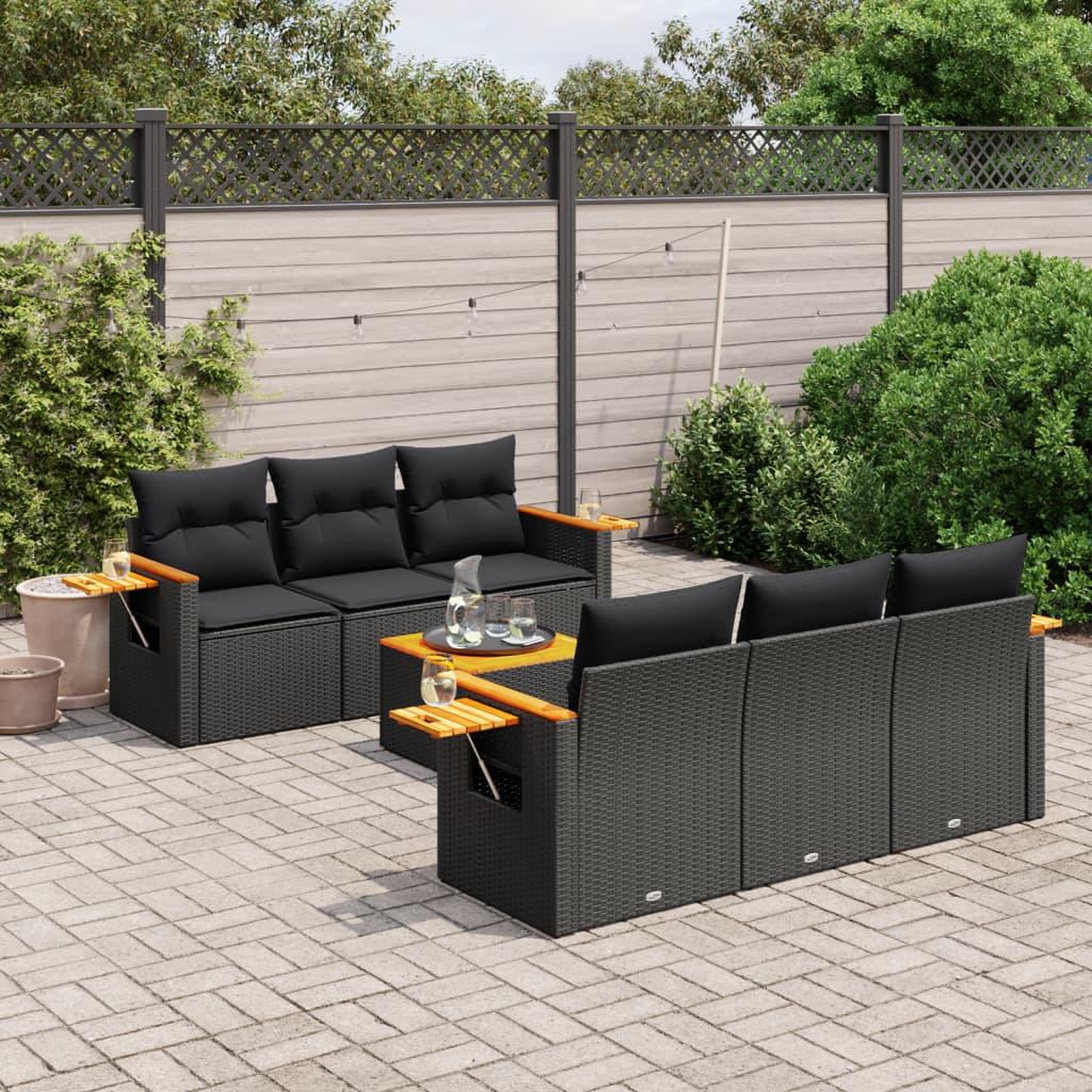 VIDAXL Salon de jardin 7 pcs avec coussins noir resine tressee