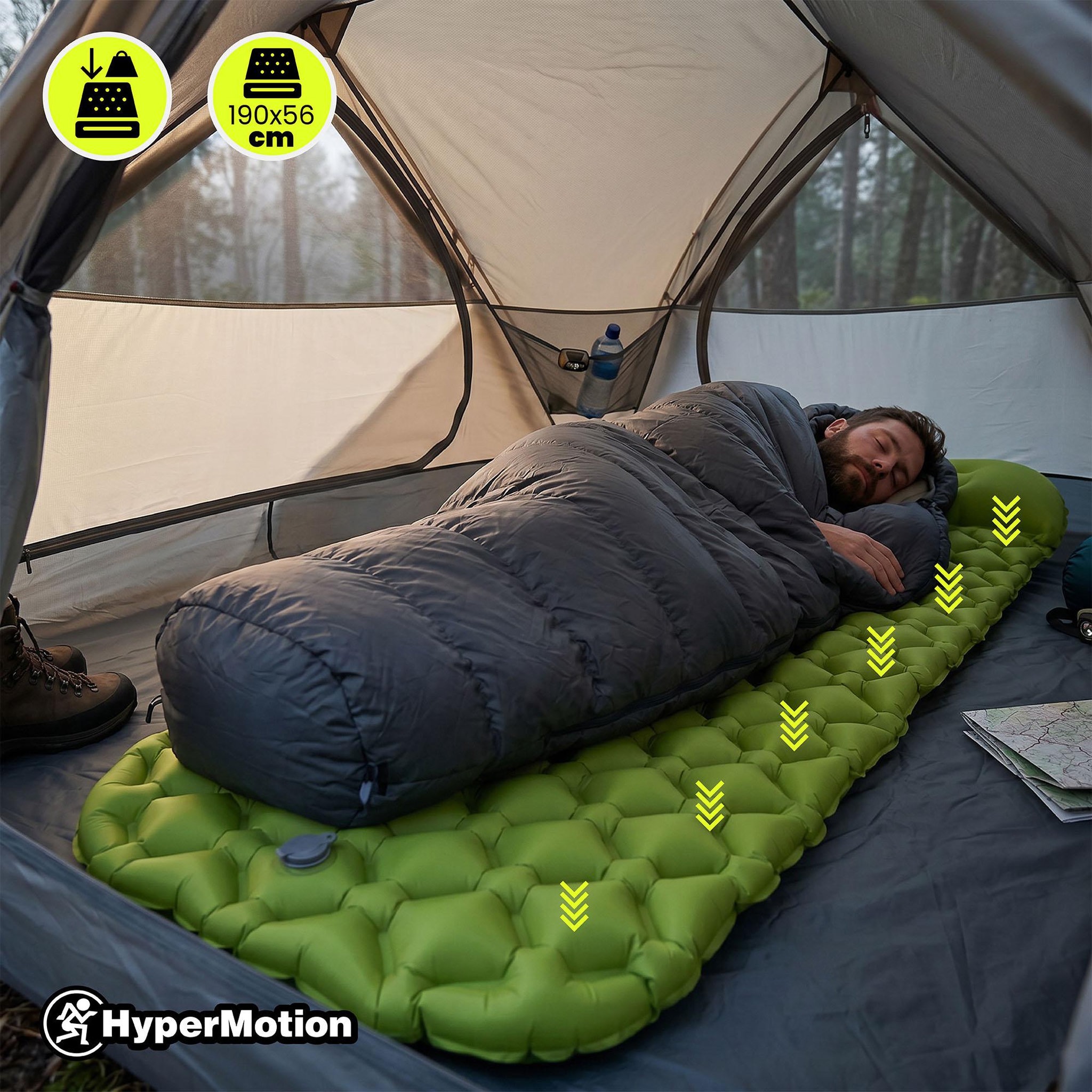 Voir la diapositive 6 : HYPERMOTION Matelas de Camp Gonflable Ultraléger de Randonnée Campmat 1 Place avec Oreiller Intégré 190x56cm