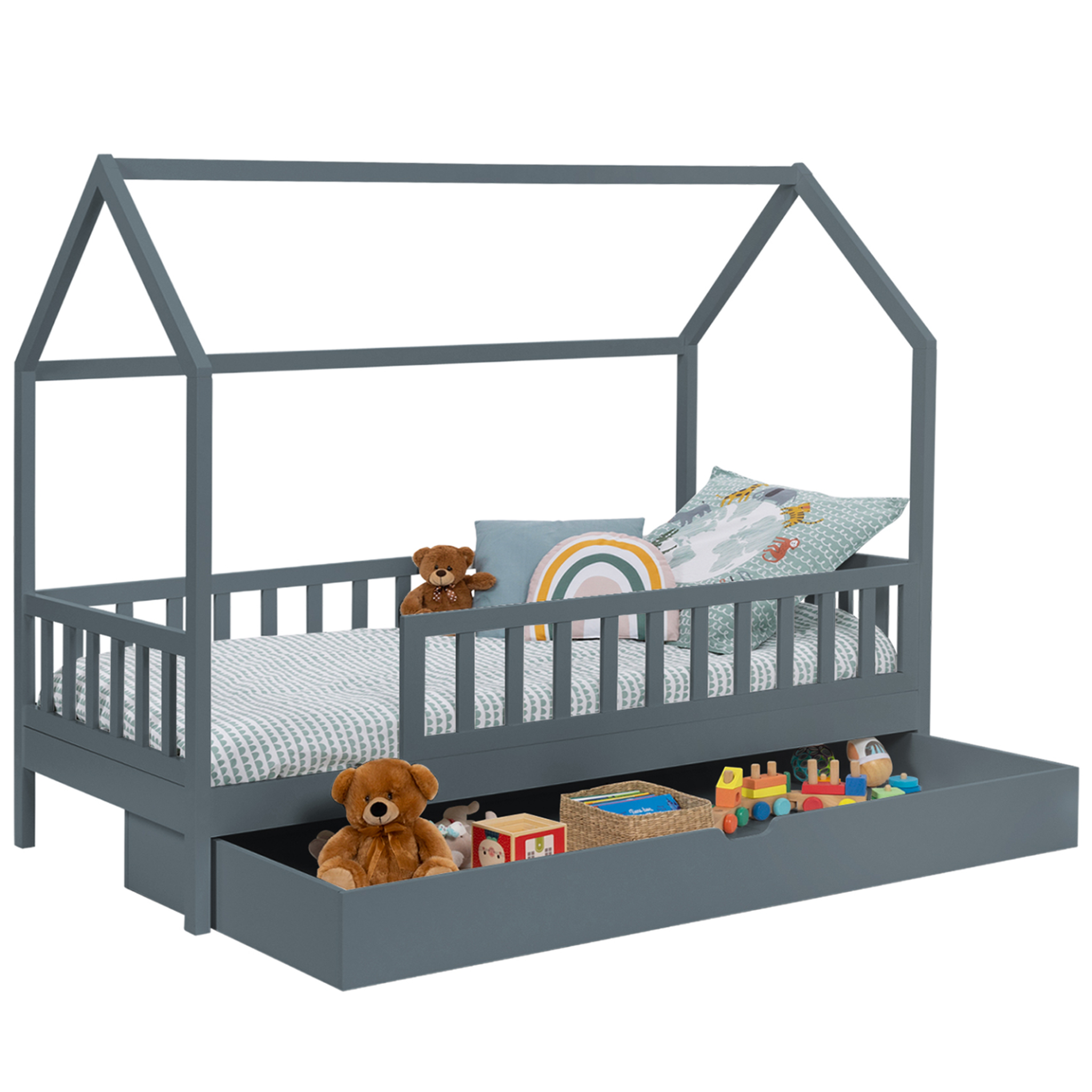 ID MARKET Lit cabane enfant 80 x 160 cm neree gris avec 1 tiroir gigogne et de rangement