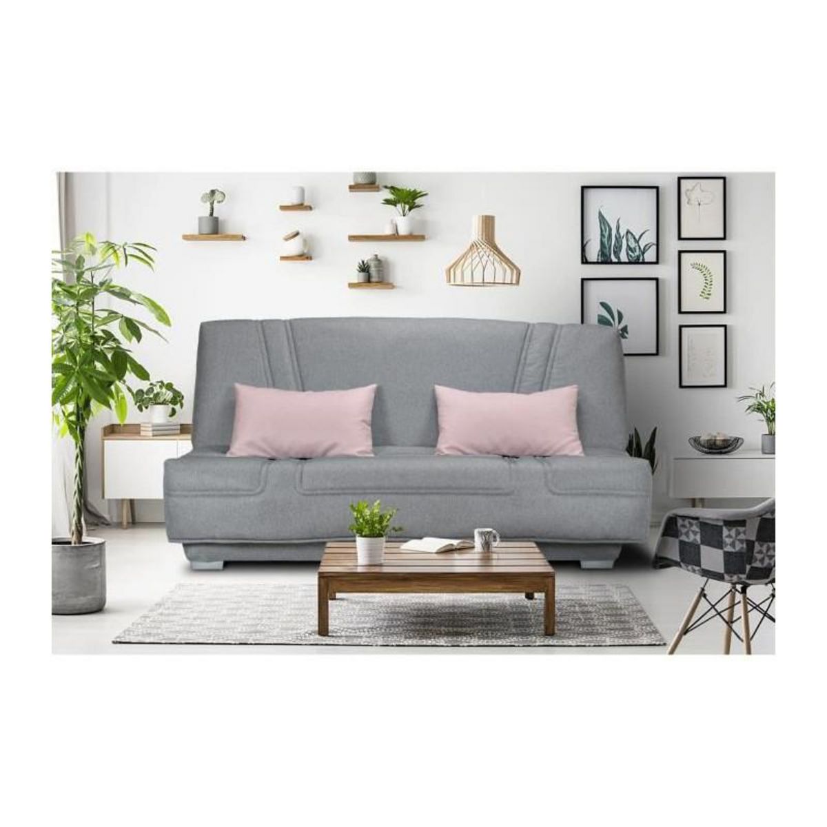 GRUHIER COMFORT BULTEX Banquette clic clac - Tissu Gris + Coussins deco rose - L193 x P9