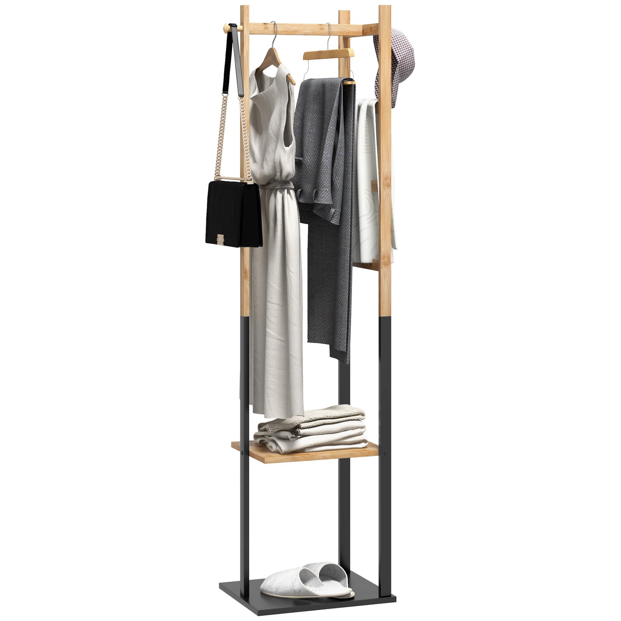 HOMCOM Portant pour vêtements en bambou, porte-manteau en bois avec tringle, étagères, patère, 4 barres latérales dim. 46l x 28,5l x 153,5h cm