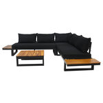 BEST MOBILIER Salome - salon bas de jardin 5 places + table - modulable - bois, métal et coussins noirs. Coloris disponibles : Marron