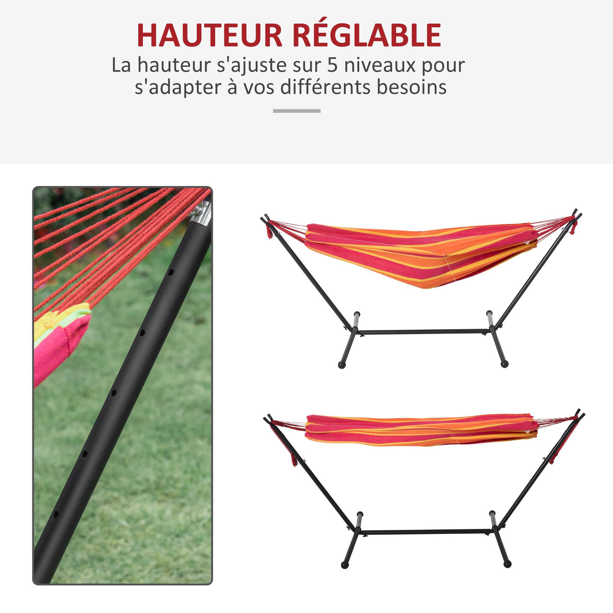 Voir la diapositive 4 : OUTSUNNY Hamac de jardin avec support en métal époxy hamac sur pied 1 place charge max. 120 Kg sac transport rouge