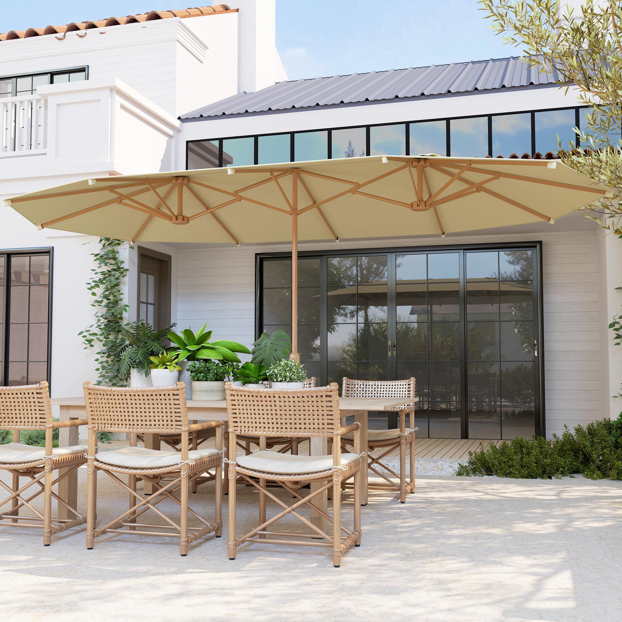 Voir la diapositive 4 : OUTSUNNY Parasol de jardin style exotique XXL dim. 455 x 265 cm ouverture fermeture manivelle acier effet bois tissu beige clair