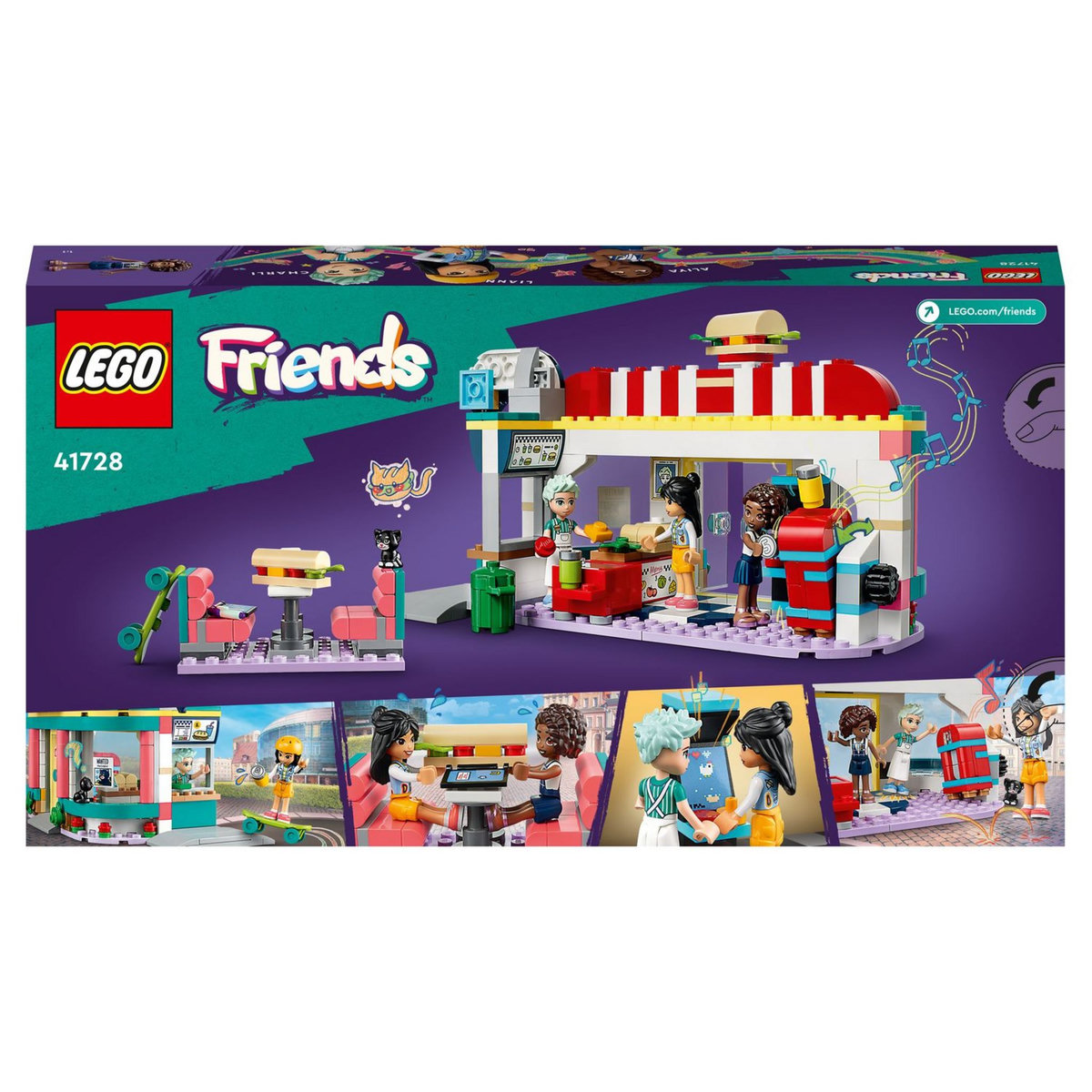 LEGO Friends 41728 Le snack du centre ville, Jouet Enfants 6 Ans, Mini-Poupées Liane, Aliya