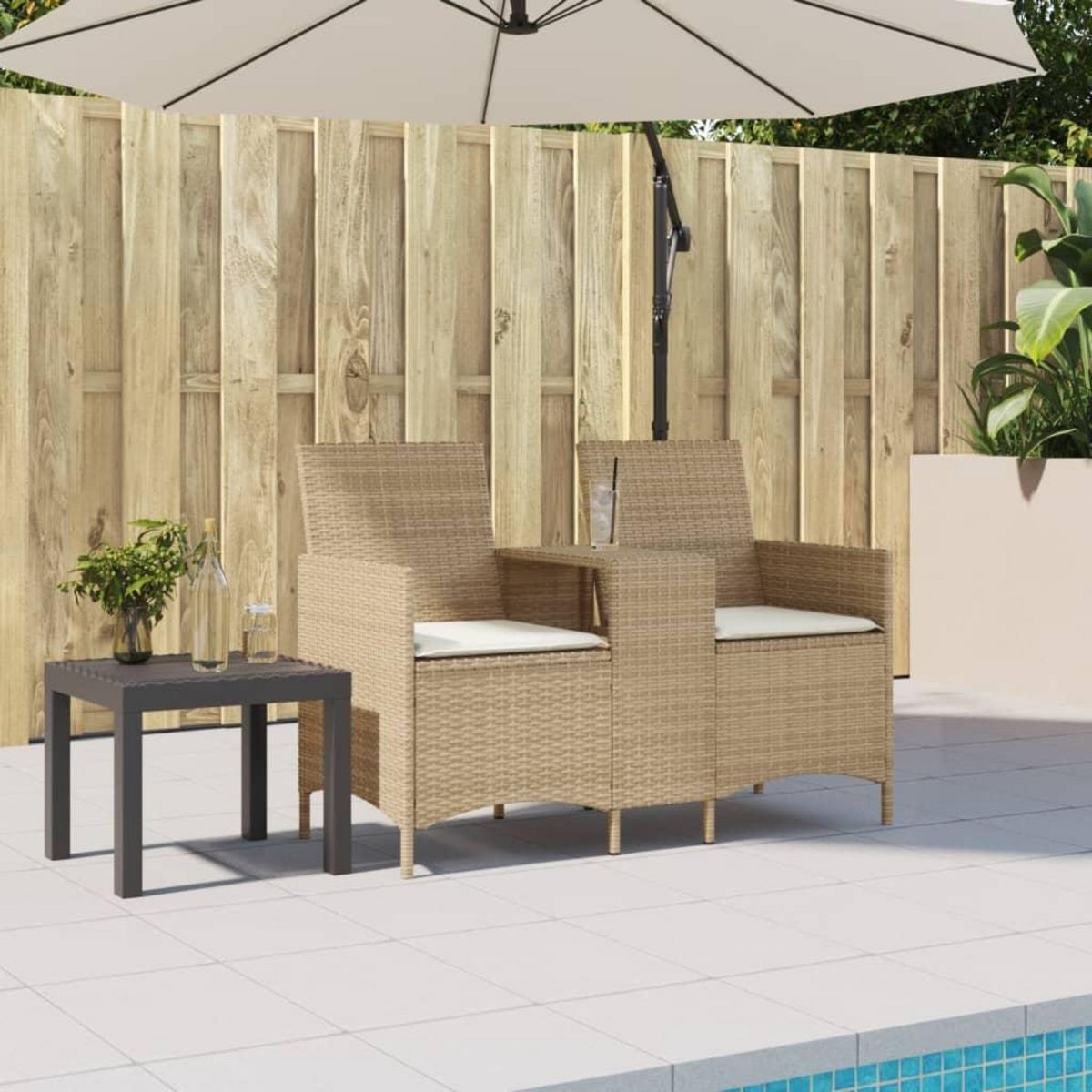 VIDAXL Canape de jardin 2 places avec table et coussins resine tressee