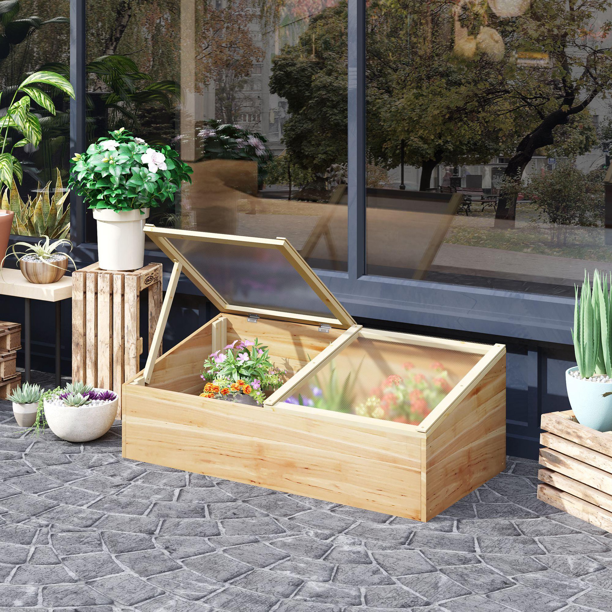 Voir la diapositive 2 : OUTSUNNY Mini serre de jardin serre pour semis dim. 100l x 50l x 36h cm toit 2 pans ouvrables séparement panneaux de polycarbonate bois sapin pré-huilé