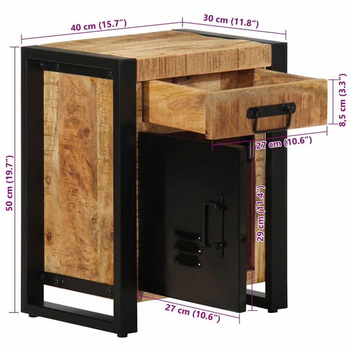 VIDAXL Table de chevet 40x30x50 cm bois massif de manguier brut