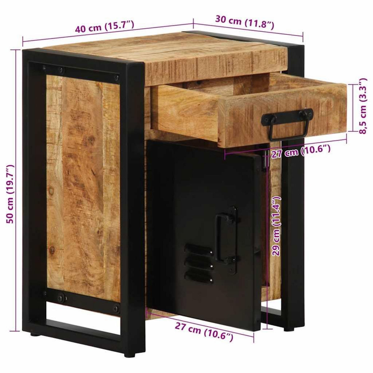 VIDAXL Table de chevet 40x30x50 cm bois massif de manguier brut