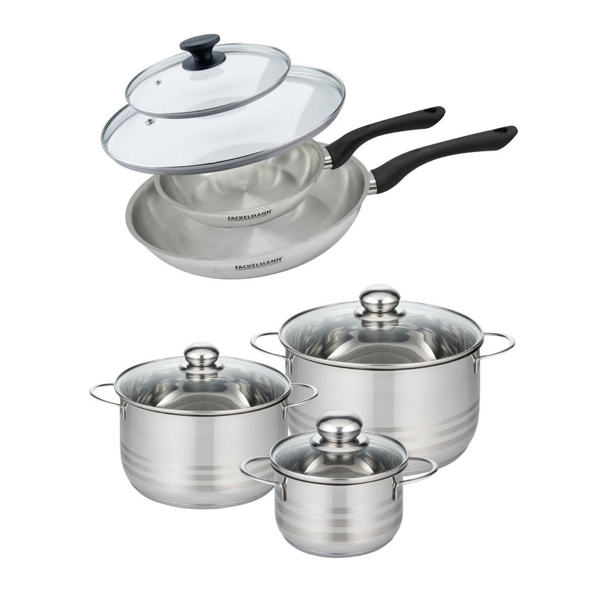 Fackelmann Batterie de cuisine avec 2 poêles 20/28 cm et 3 faitouts 16/20/24 cm sans pfas fackelmann généva brillant avec couvercles