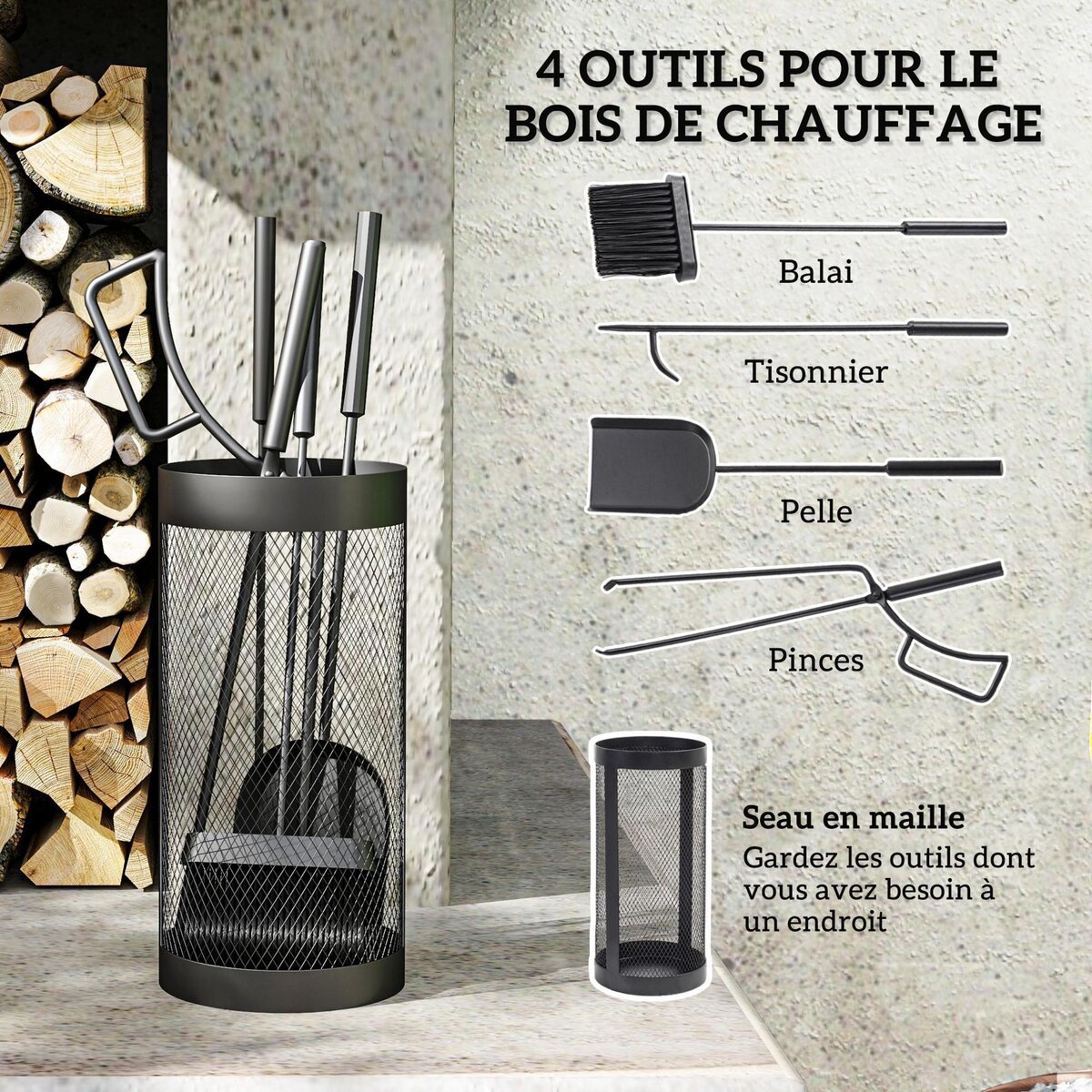 OUTSUNNY Serviteur de cheminée moderne 5 pièces - balai, pelle, pince, tisonnier, seau - métal noir